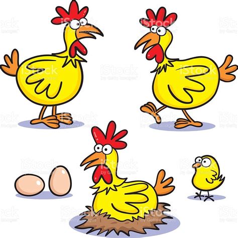 Three Cartoon Chickens A Chick And Some Eggs