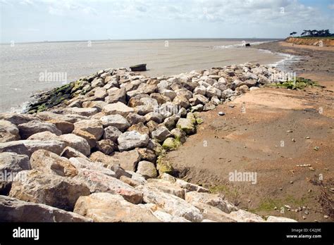 Rock Armour Barriers To Control Coastal Erosion Bawdsey Suffolk Stock