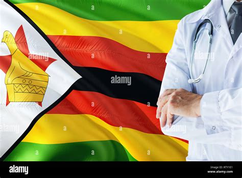 Zimbabwean Doctor Standing With Stethoscope On Zimbabwe Flag Background National Healthcare