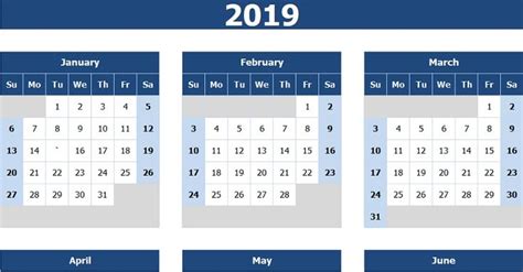 Download 2019 Yearly Calendar Sun Start Excel Template Exceldatapro