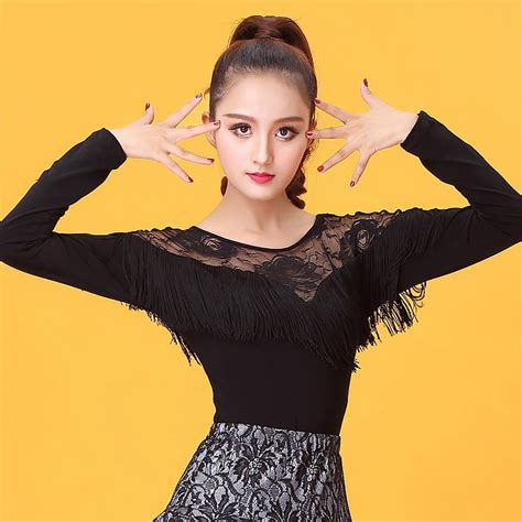 Sexy Latin Dance Shirt For Ladies Black Color High Quality Silk Tassel Fabric Tops Woman Modern