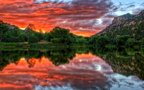 Red Clouds Sky Reflection Sunset At Granite Basin Lake Near Prescott