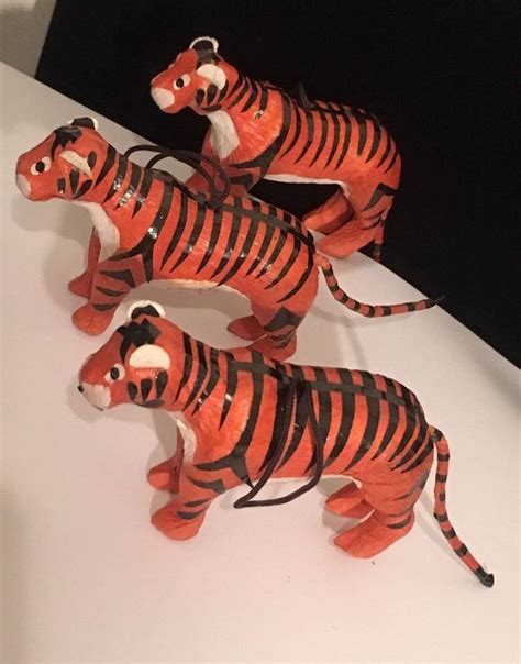 3 Awesome Papier Mâché Bengal Tigers Ornaments In Box Bengal tiger