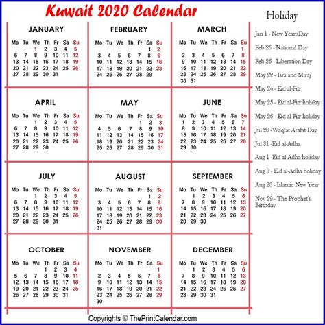 Calendar 2020 Kuwait Kuwait 2020 Yearly Printable Calendar
