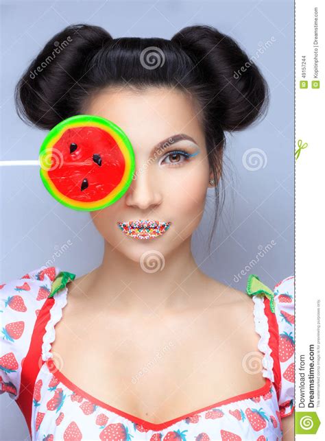 Beautiful Pin Up Girl Holding Sweet Lollipop Stock Photo Image Of