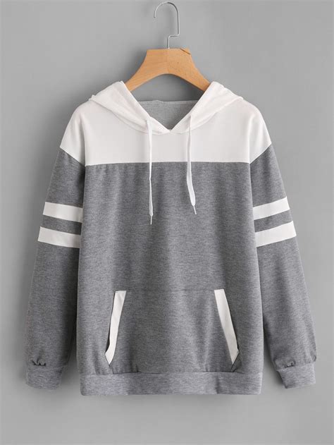 Contrast Panel Varsity Striped Marled Hoodie Trendy Outfits Striped
