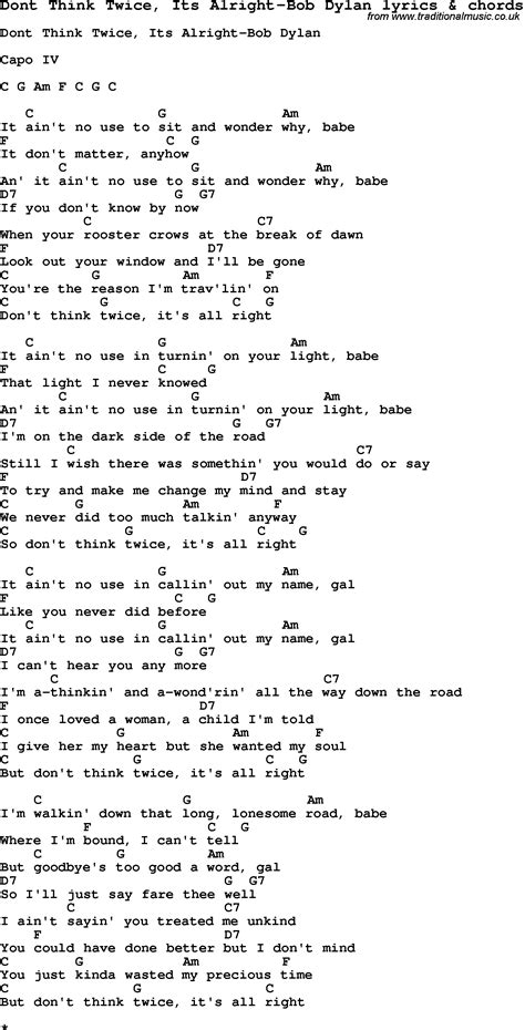 Love Song Lyrics for: Dont Think Twice, Its Alright-Bob Dylan with ...