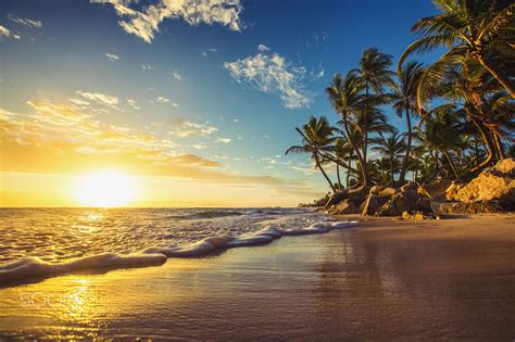 Landscape Of Paradise Tropical Island Beach Sunrise Shot Tropical