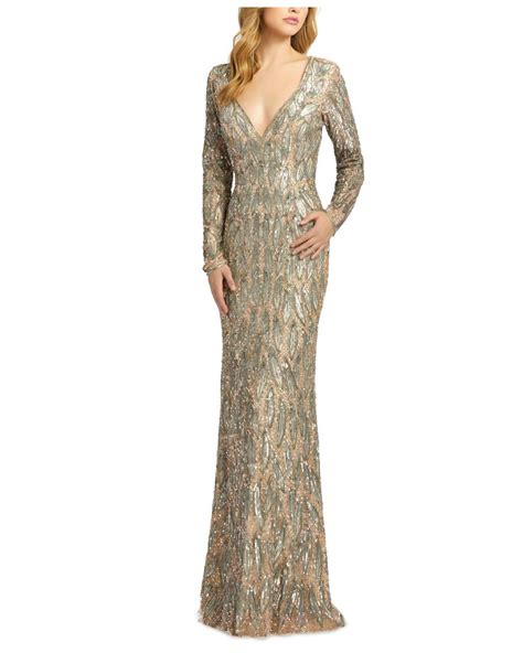 Mac Duggal Beaded Long Sleeve Gown In Metallic Lyst