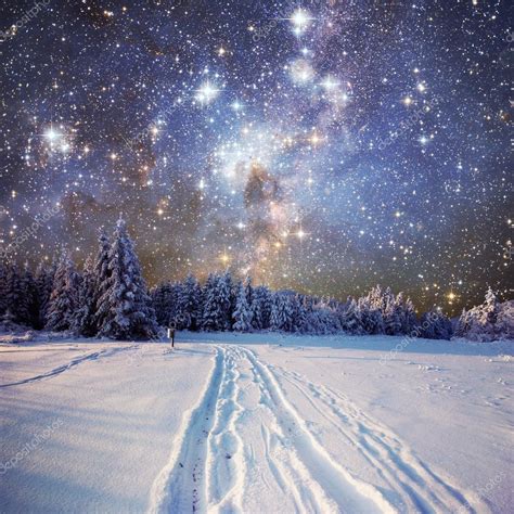 Starry Sky In Winter Snowy Night Winter Background With Some So Stock