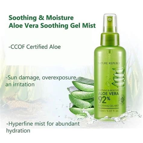 The aloe vera content relaxes all reddish and dry parts of the skin with a moist and non sticky texture. NATURE REPUBLIC Aloe vera Soothing Gel Mist 92% 150mL ...