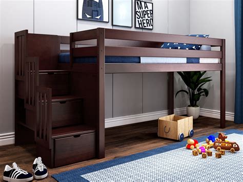 Jackpot Contemporary Twin Low Loft Bed With Stairway Cherry
