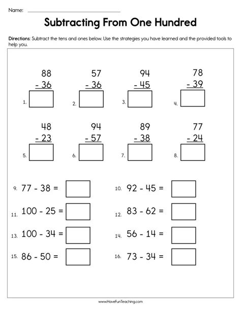 Subtracting From One Hundred Worksheet • Have Fun Teaching