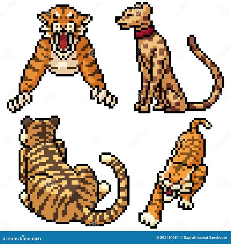 Pixel Art Isolated Jungle Tiger Cartoon Vector