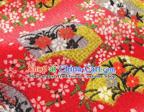 asian traditional classical sakura fan pattern damask red brocade fabric japanese kimono