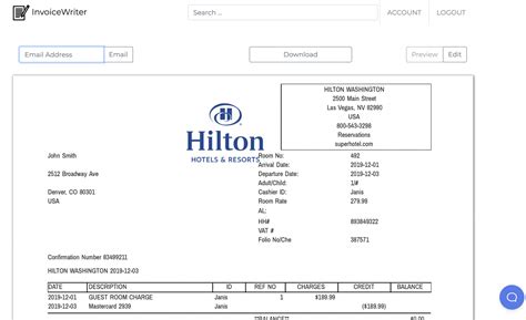 Hilton Hotel Receipt Folio Invoicewriter