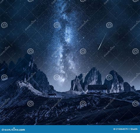 Milky Way Over Tre Cime Dolomites Mountain Hiking At Night Stock