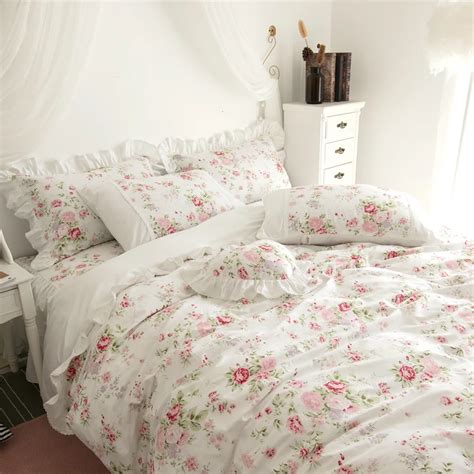 100 Cotton White Pink Floral Girls Princess Bedding Set Twin Queen King Size Duvet Cover