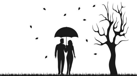 Silhouette Of The Couples Kissing In The Rain Illustrations Royalty