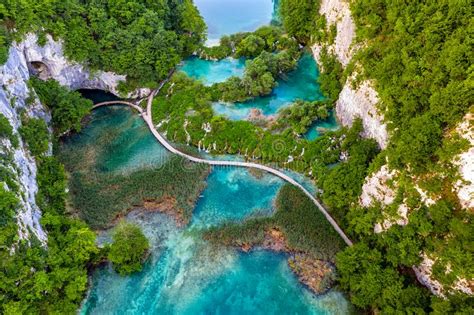 Plitvice Croatia Wooden Walkway In Plitvice Lakes National Park On A