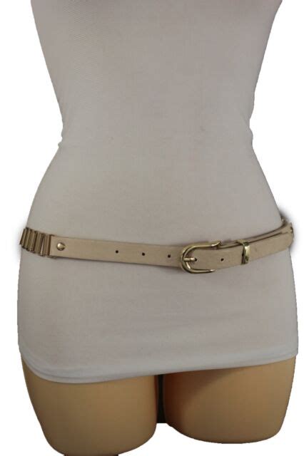 Women Fashion Narrow Belt Hip High Waist Ivory Faux Leather Gold Metal