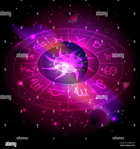 Vector Illustration Of Horoscope Circle With Zodiac Signs Against The