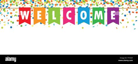 Welcome Party Flags Banner With Confetti Rain On White Background