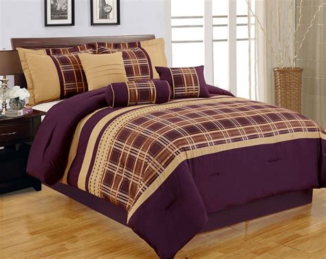 7 Piece Queen Purple And Gold Plaid Jacquard Comforter Set Comforter