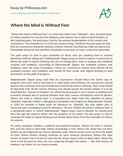 Where The Mind Is Without Fear Summary And Appreciation Essay 500