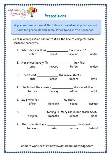 The worksheet topics below will. Grade 3 Grammar Topic 17: Prepositions Worksheets - Lets Share Knowledge | Preposition ...