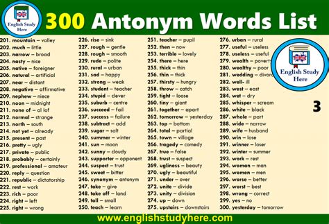 300 Antonym Words List English Study Here