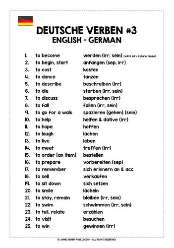 German Verbs List 3 Teaching Resources