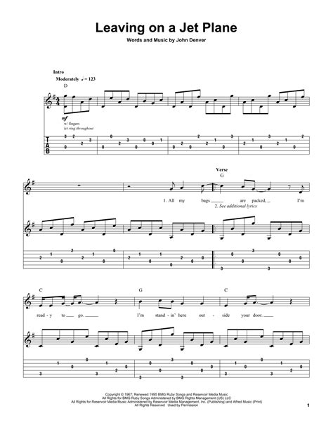 Denver wrote the song after his flight was delayed. Leaving On A Jet Plane by John Denver - Guitar Tab Play ...