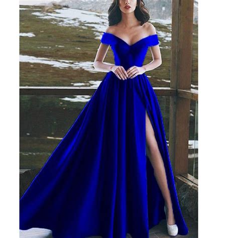 Womens Blue Gown Dress Off Shoulder Big Hem Long Sexy Maxi Dinner