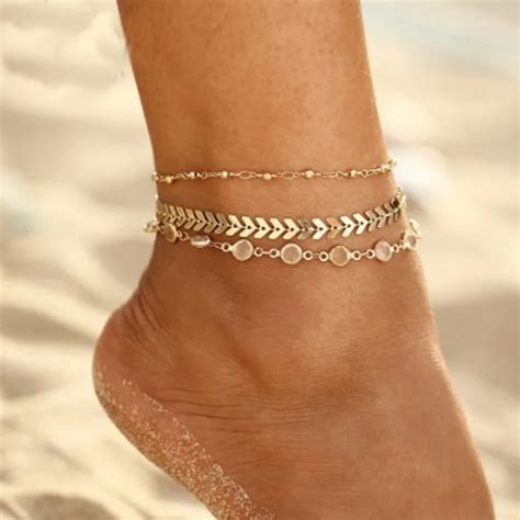 Fghgf Crystal Sequins Anklet Set For Women Beach Foot Jewelry Vintage