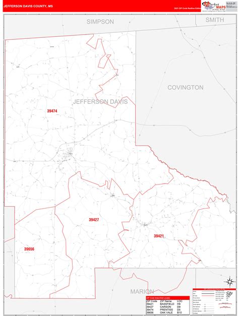 Jefferson Davis County Ms Zip Code Wall Map Red Line Style By Marketmaps