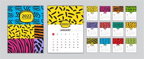 Desk Calendar 2022 Template Set Calendar Design Memphis Style Wall