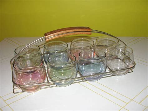 Mid Century Rainbow Roly Poly Glasses In Carrier Caddy Mid Century Poly Wood Accents