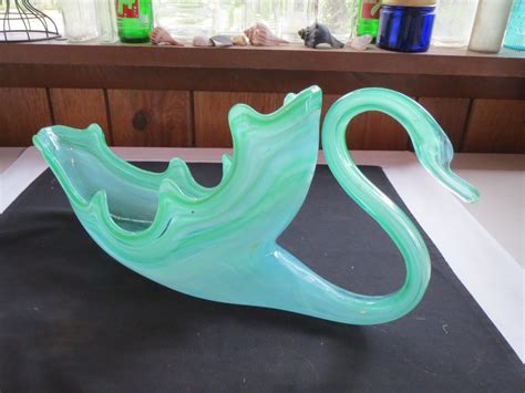 vintage hand blown emerald green swirl murano glass style swan bowl centerpiece centerpiece
