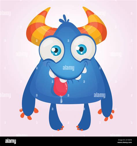Cute Happy Cartoon Monster With Horns Smiling Monster With Big Mouth And Long Tongue Halloween