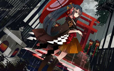 Wallpaper Anime Red Rain Umbrella Vocaloid Hatsune Miku
