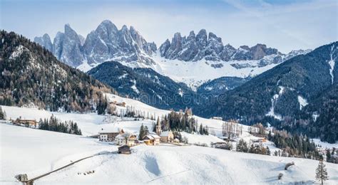 Famous Dolomites Mountain Peaks With Village Val Di Funes Stock Photo