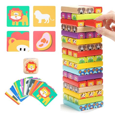 Colored Wooden Blocks Stacking Board Games For Kids Ages 4 8 With 51 P