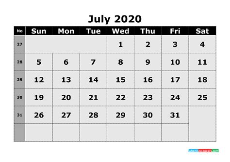 Free Printable July 2020 Calendar With Week Numbers