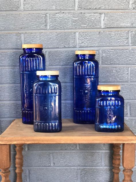Cobalt Blue Glass Canisters Set Of 4 French Country Kitchen Etsy Glass Canister Set Glass