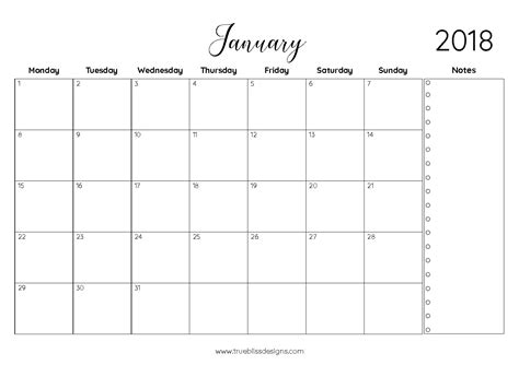 A4 Simple Monthly Calendar True Bliss Designs