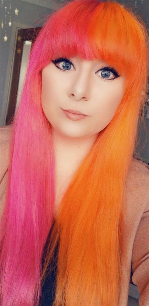 half pink half orange hair orange hair pink hair pink and orange hair