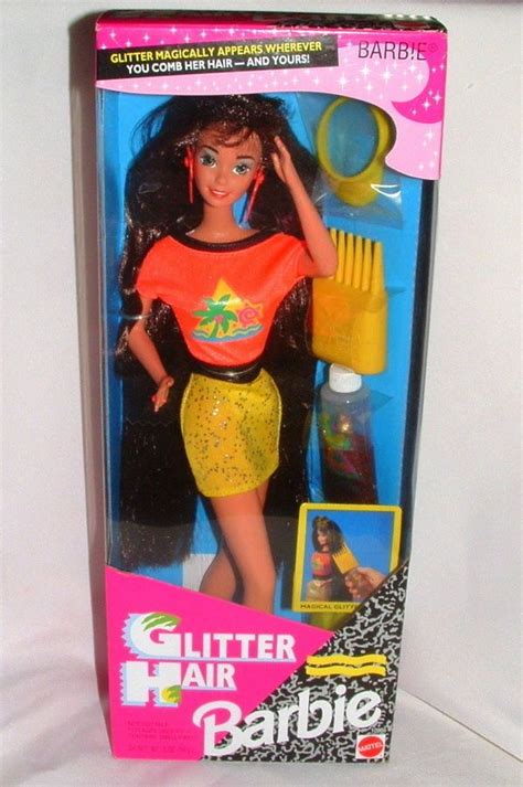 1993 Glitter Hair Barbie Doll Brunette Nrfb Boxed Includes Tube Of Magical Glitter Brush