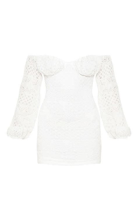 White Bardot Puff Sleeve Lace Bodycon Dress Prettylittlething