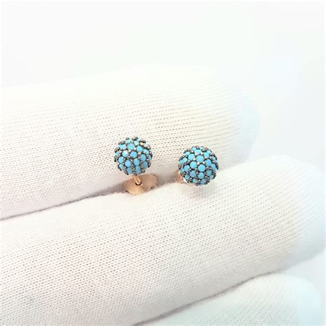 14K Real Solid Gold Turquoise Stud Earrings For Women